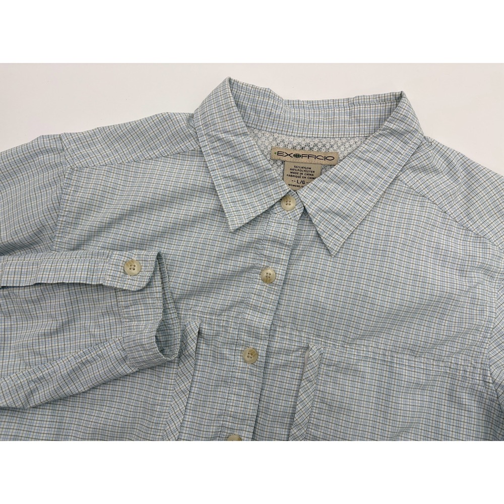 ExOfficio Women's Checked Long Sleeve Button Up Fishing Shirt Roll Tab Vented, L